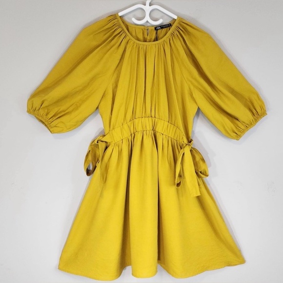Zara Yellow Puff Sleeve Babydoll Mini Dress Ruched Waist NWT Size M - Picture 3 of 9